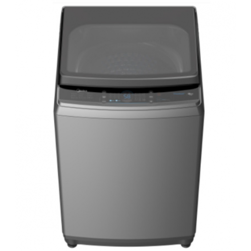 A stainless steel washing machine on a white background.