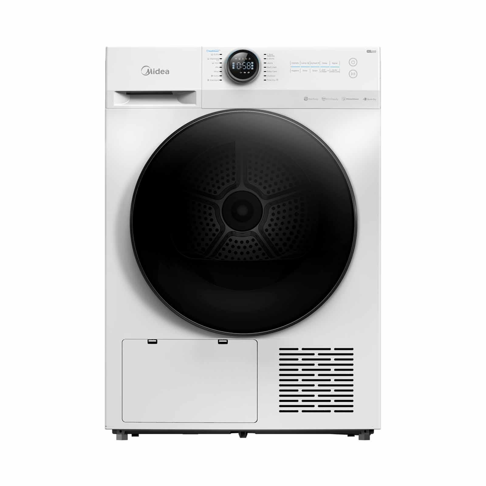 A white dryer is sitting on a white surface.