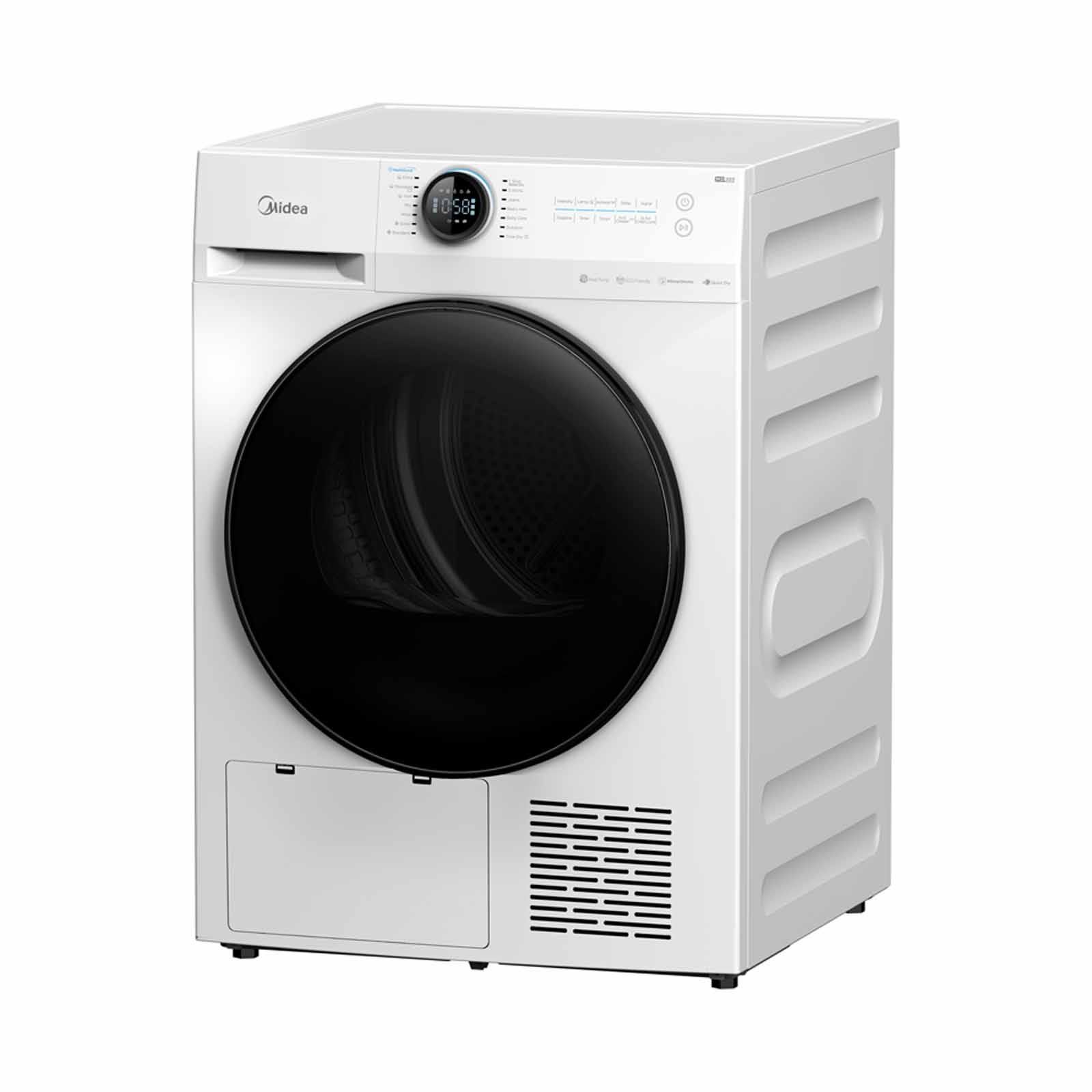 A white dryer is sitting on a white surface.
