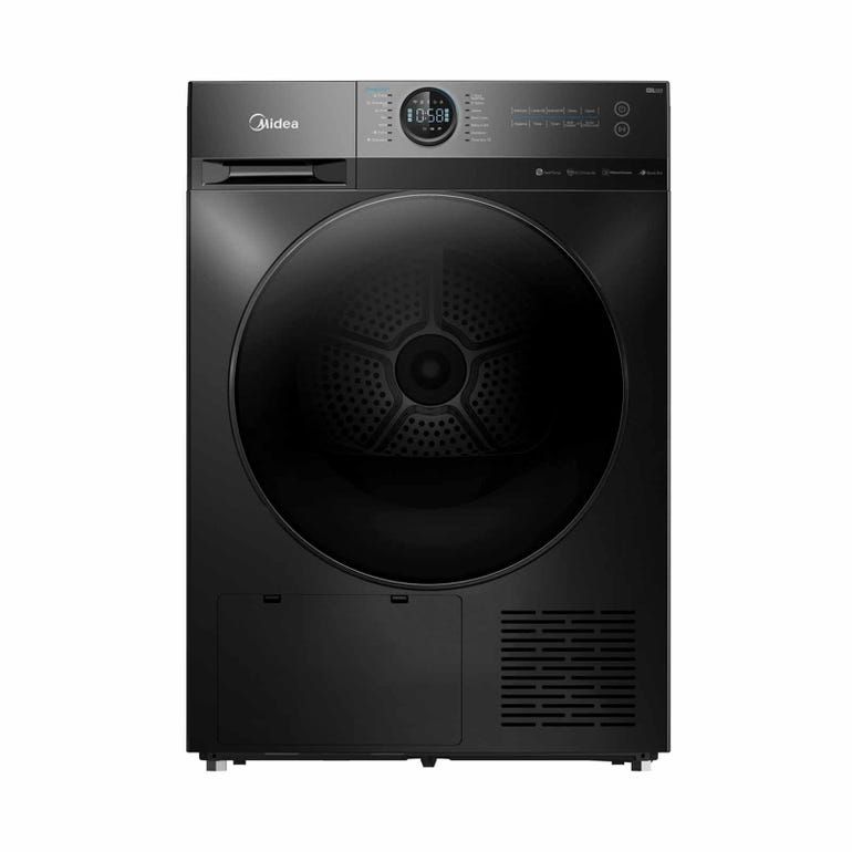 A black washing machine and dryer on a white background.