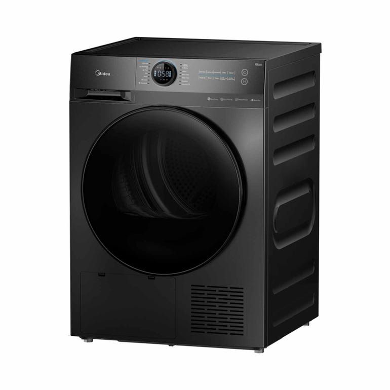 A black washing machine and dryer on a white background.