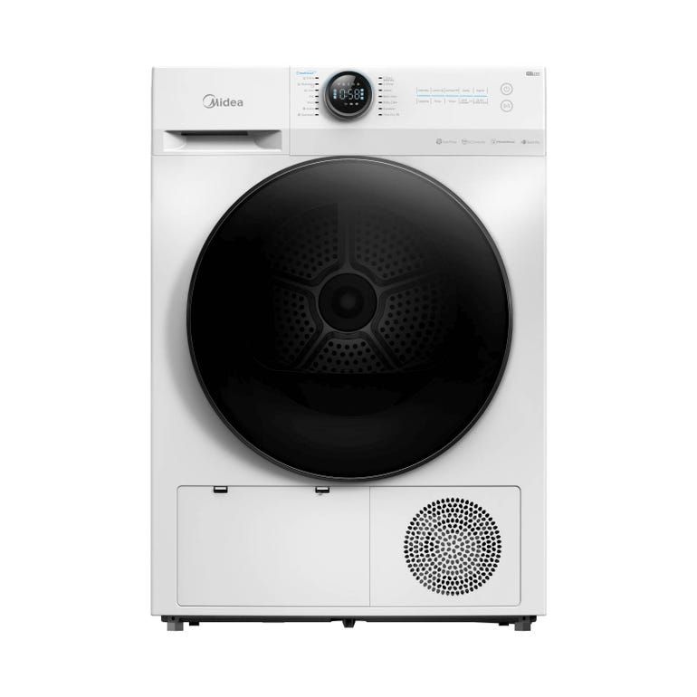 A white dryer with a black lid is sitting on a white surface.