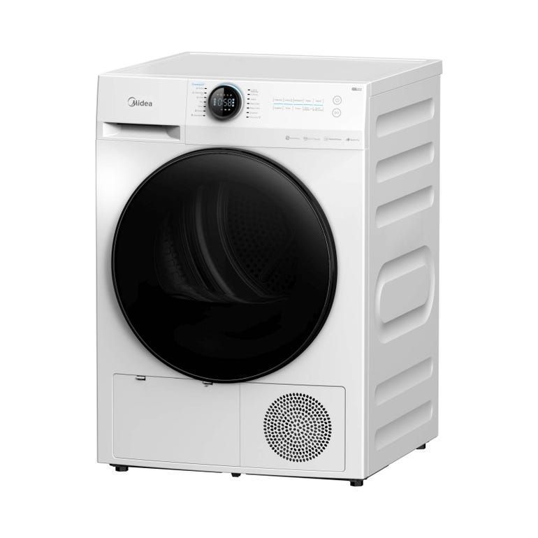 A white dryer with a black lid is sitting on a white surface.