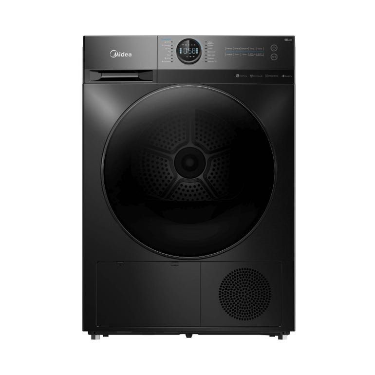 A black washing machine and dryer on a white background.