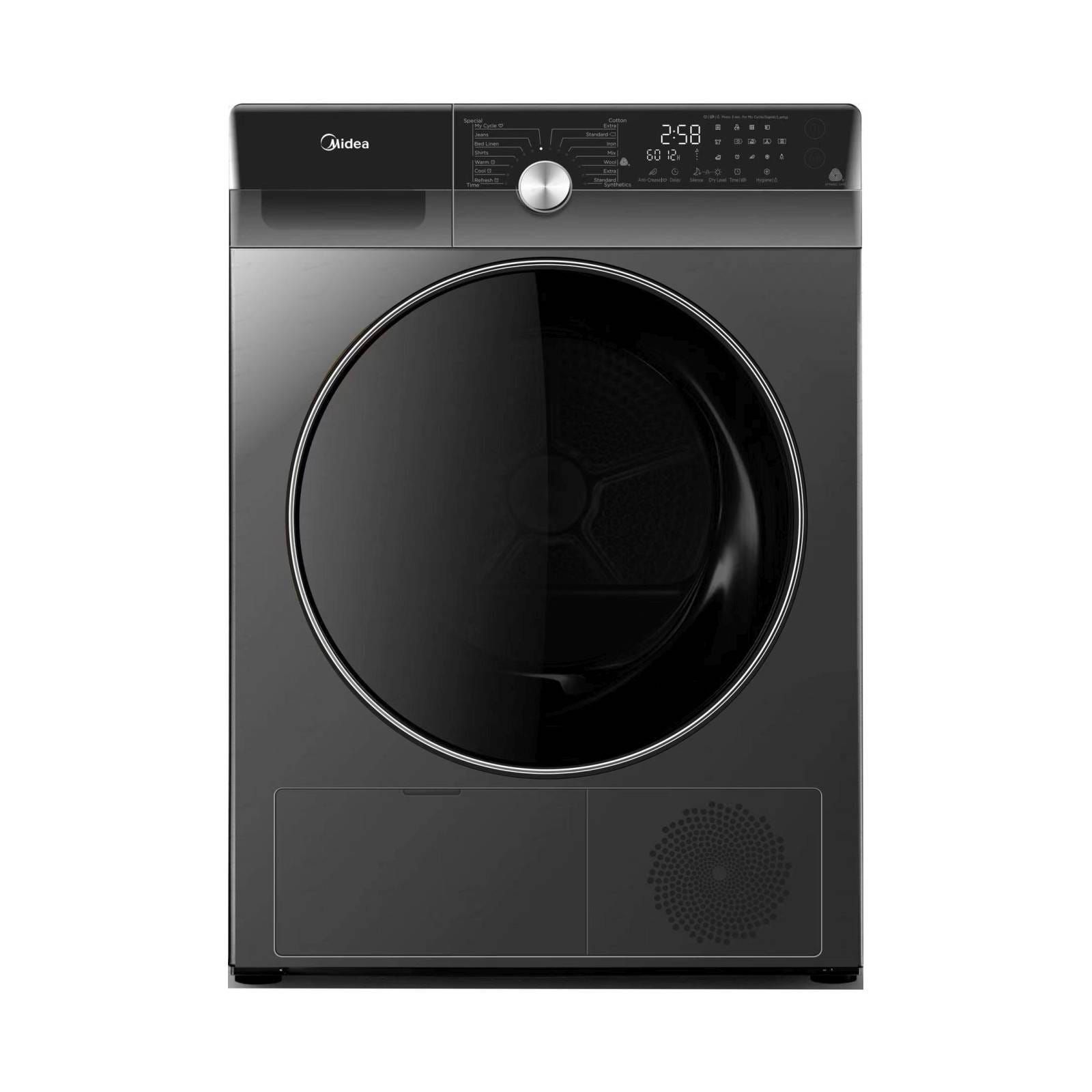 A black washing machine and dryer on a white background.