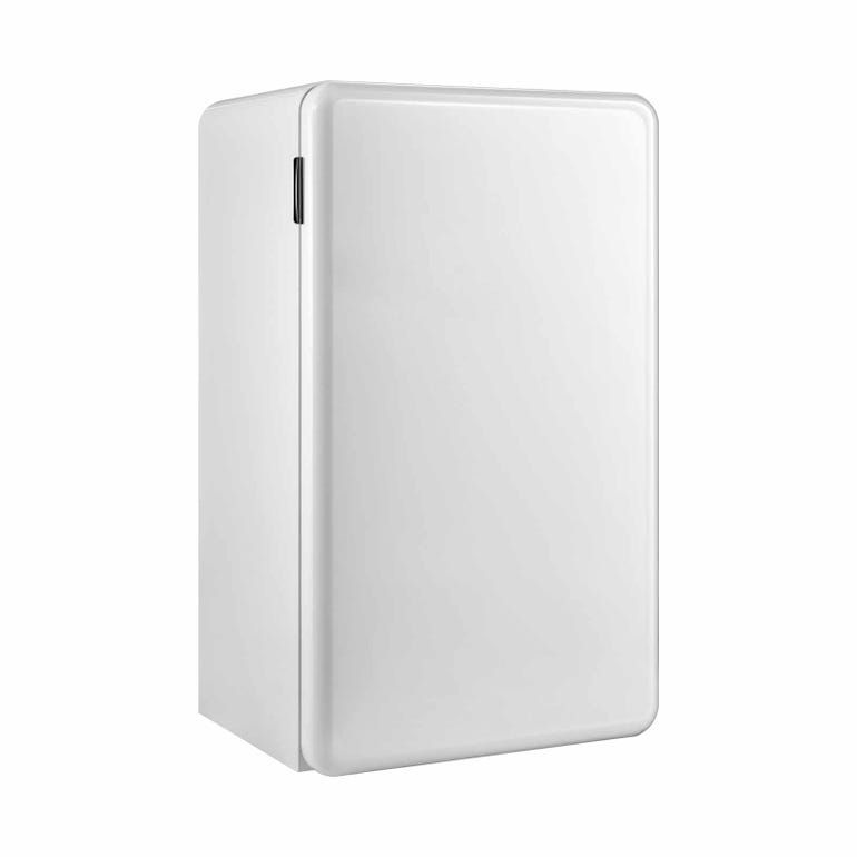 A white refrigerator on a white background.