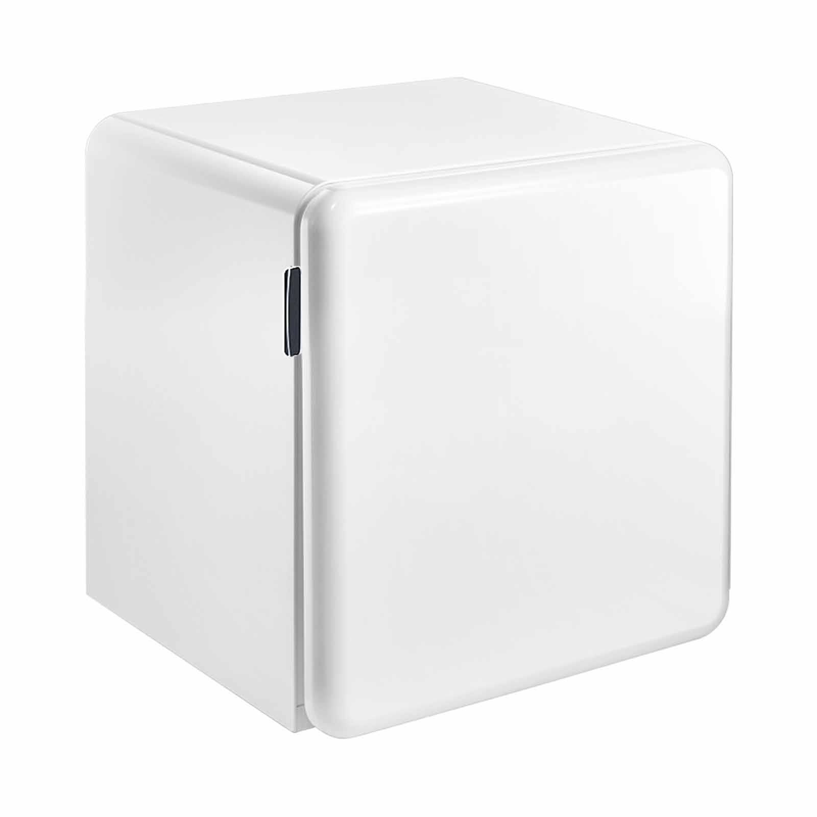 A white cube shaped refrigerator on a white background.