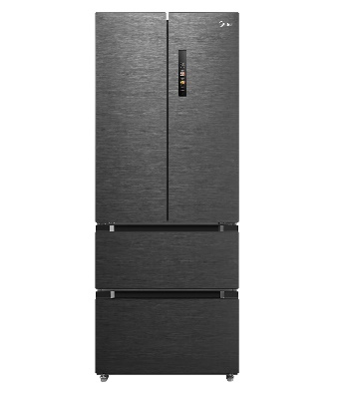 A black refrigerator with a digital display on the door