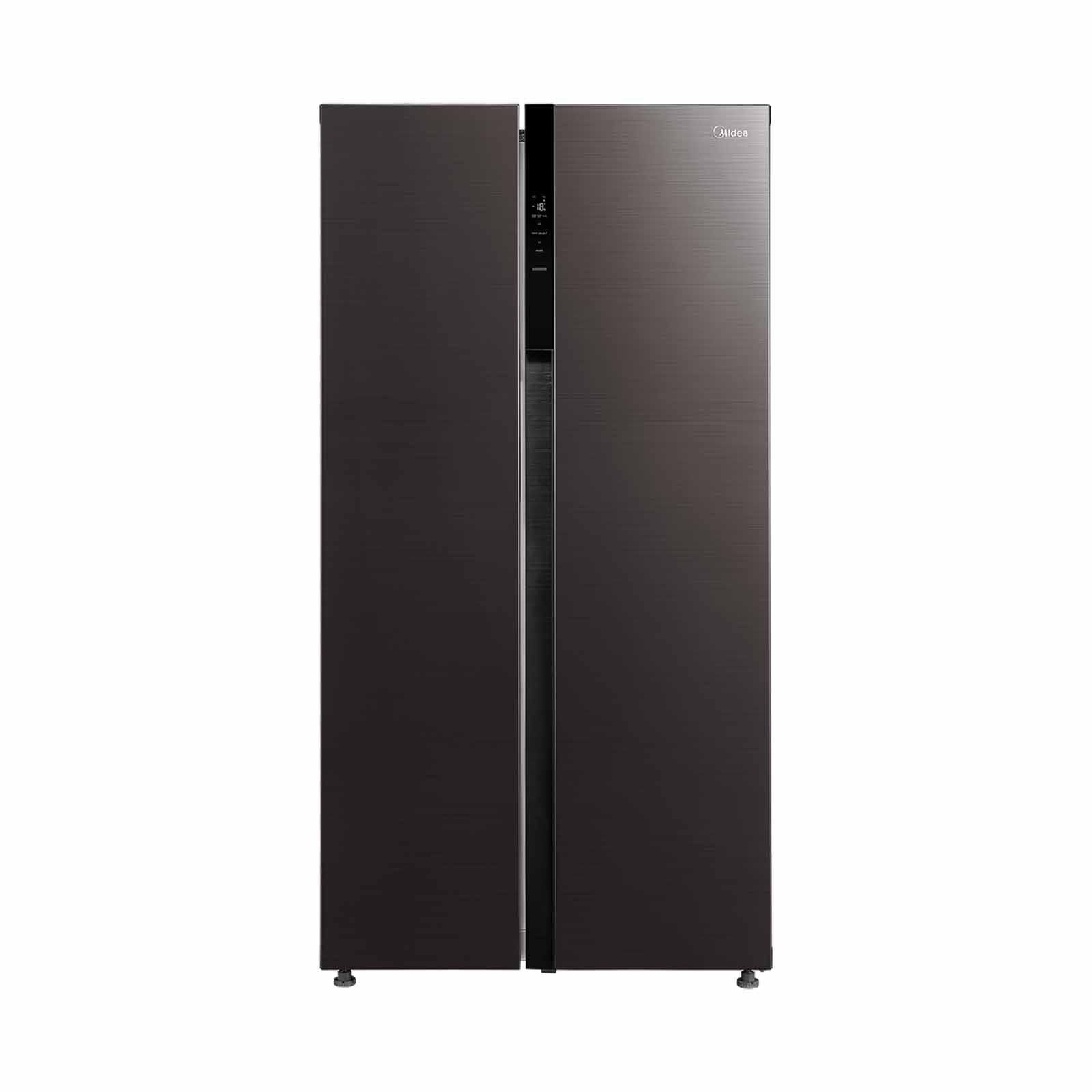 A black refrigerator freezer with two doors on a white background.