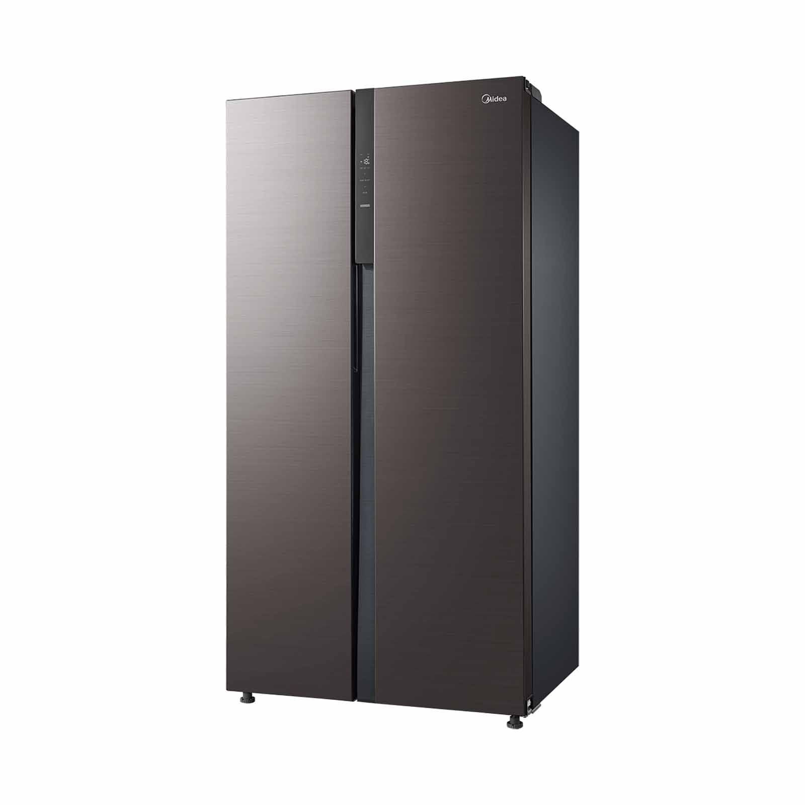 A brown refrigerator freezer is sitting on a white surface.
