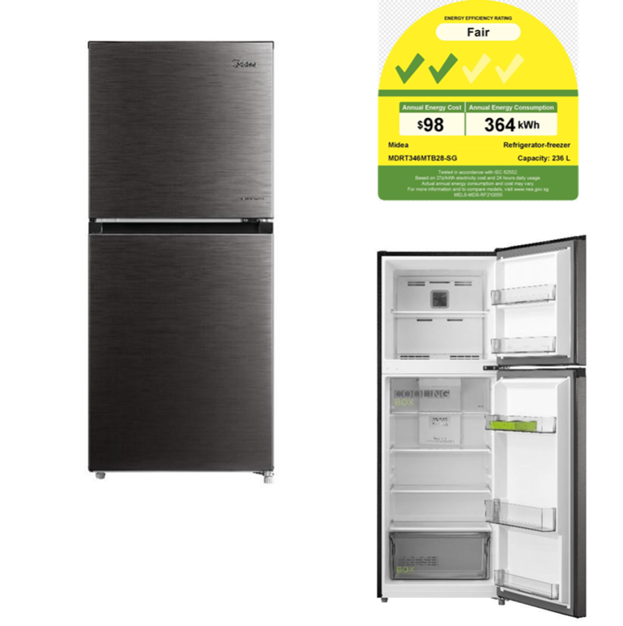 A black refrigerator with a fair rating on it