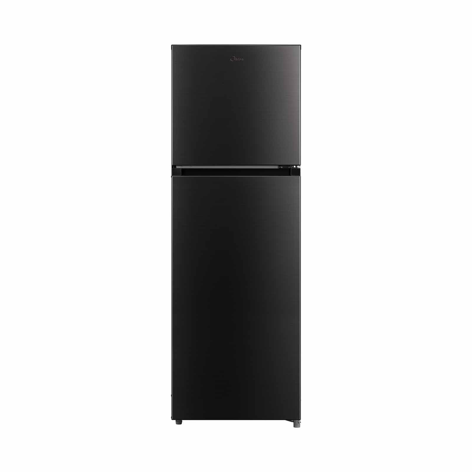 A black refrigerator freezer on a white background.