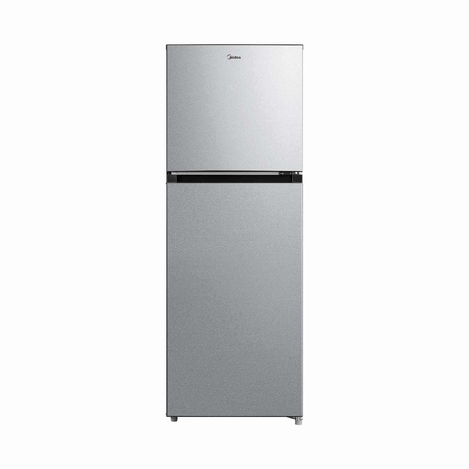 A stainless steel refrigerator freezer on a white background.
