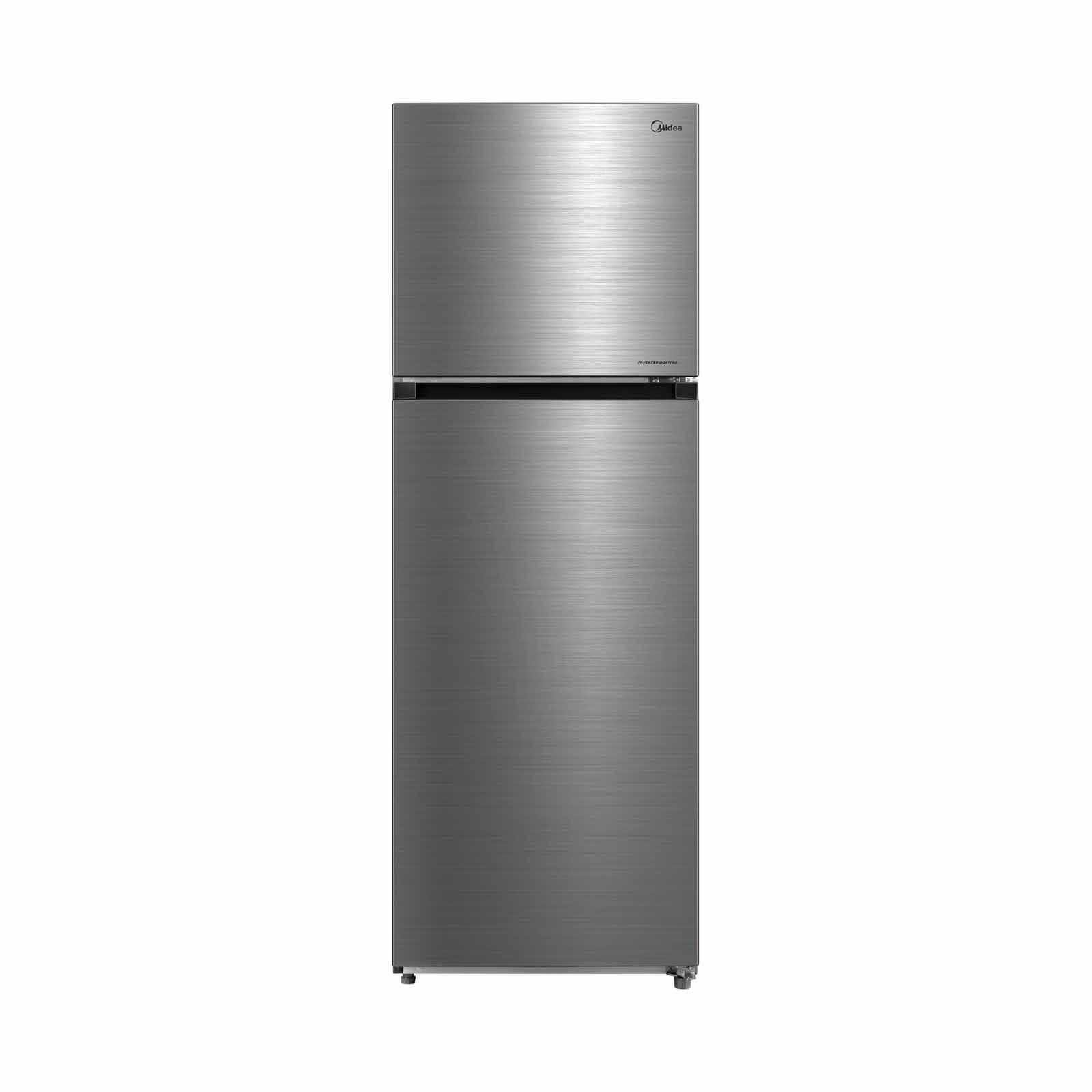 A stainless steel refrigerator freezer on a white background.