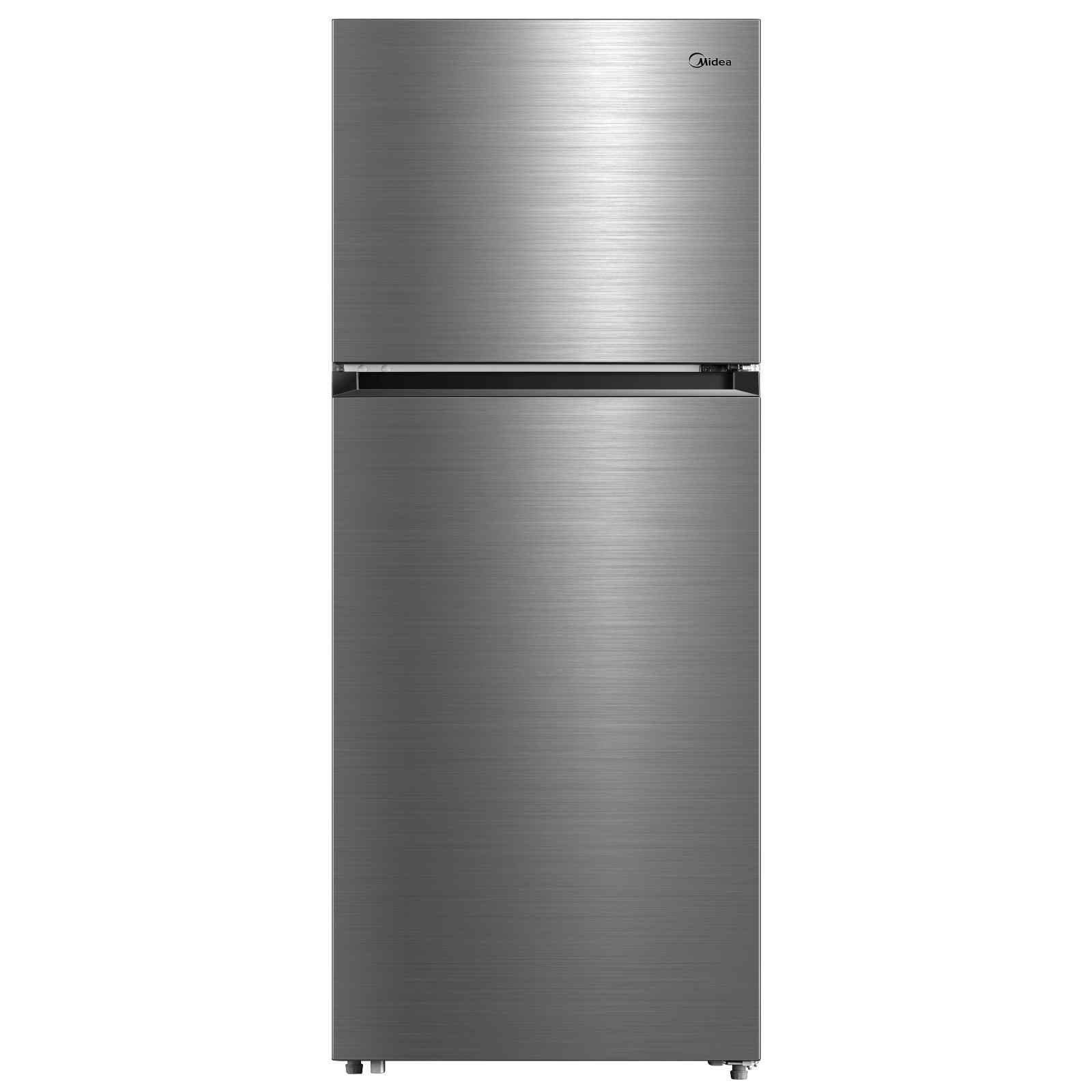 A stainless steel refrigerator freezer on a white background.