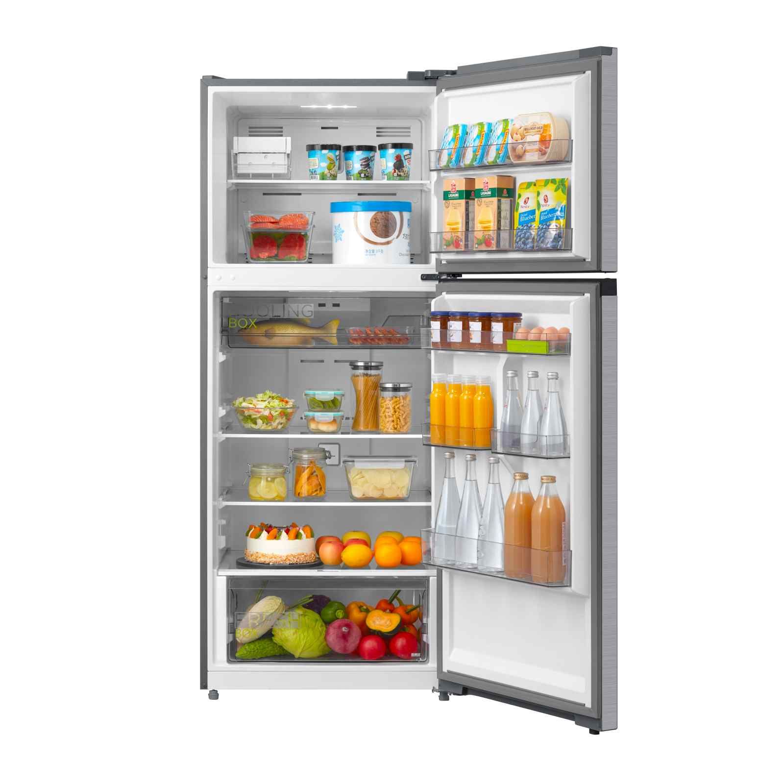 A stainless steel refrigerator freezer on a white background.