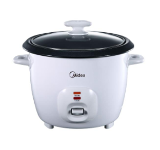 A white midea rice cooker with a glass lid