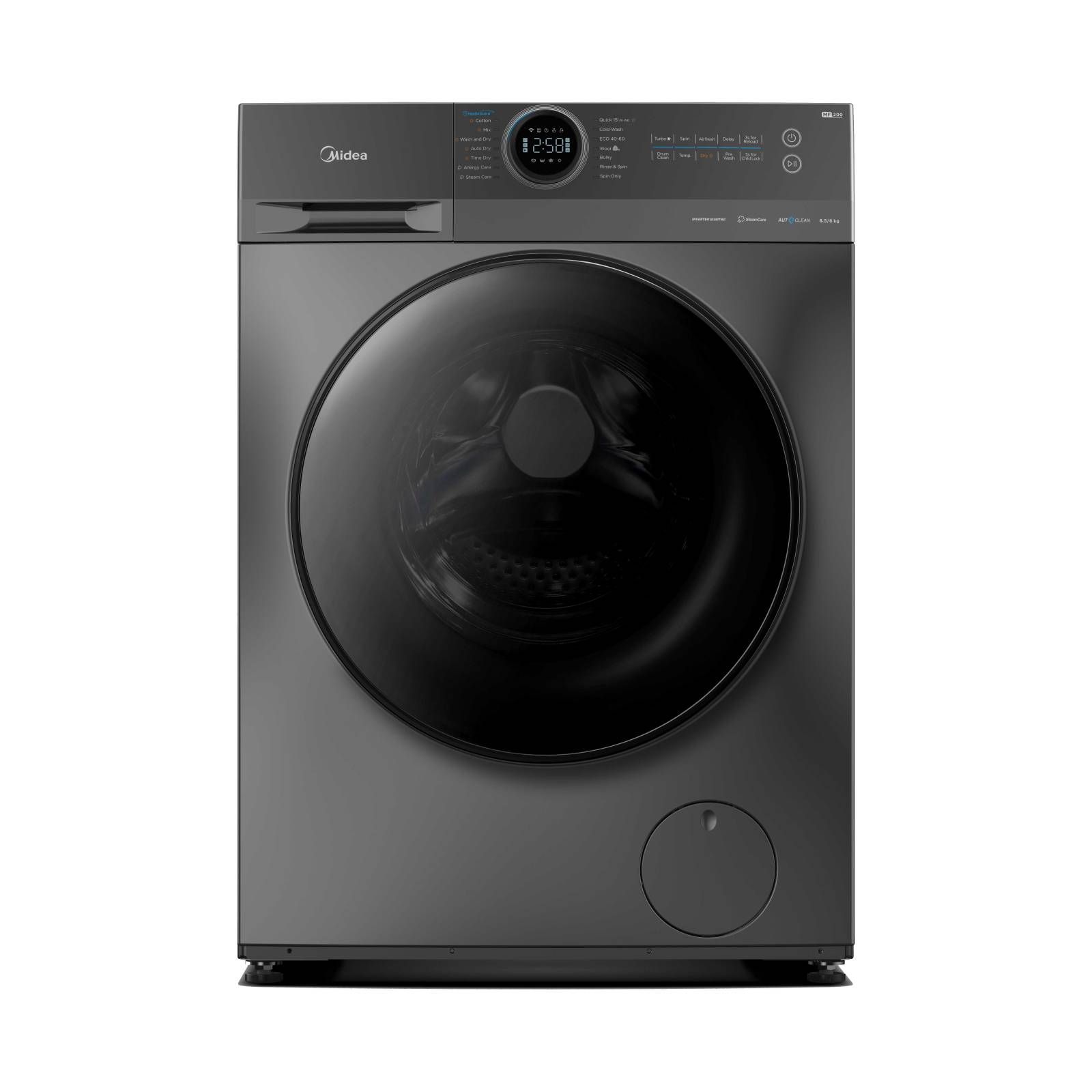 A black washing machine is sitting on a white surface.