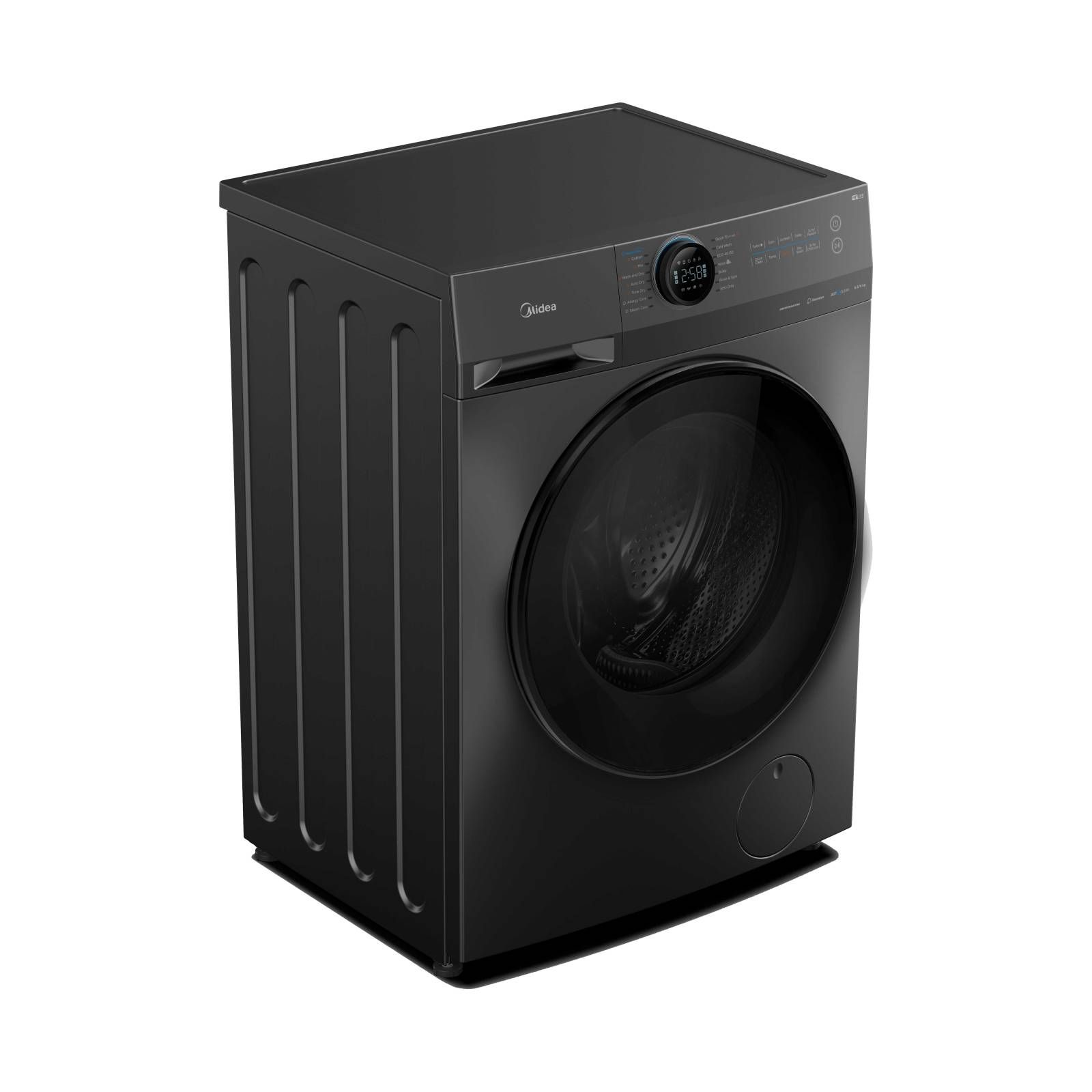 A black washing machine is sitting on a white surface.