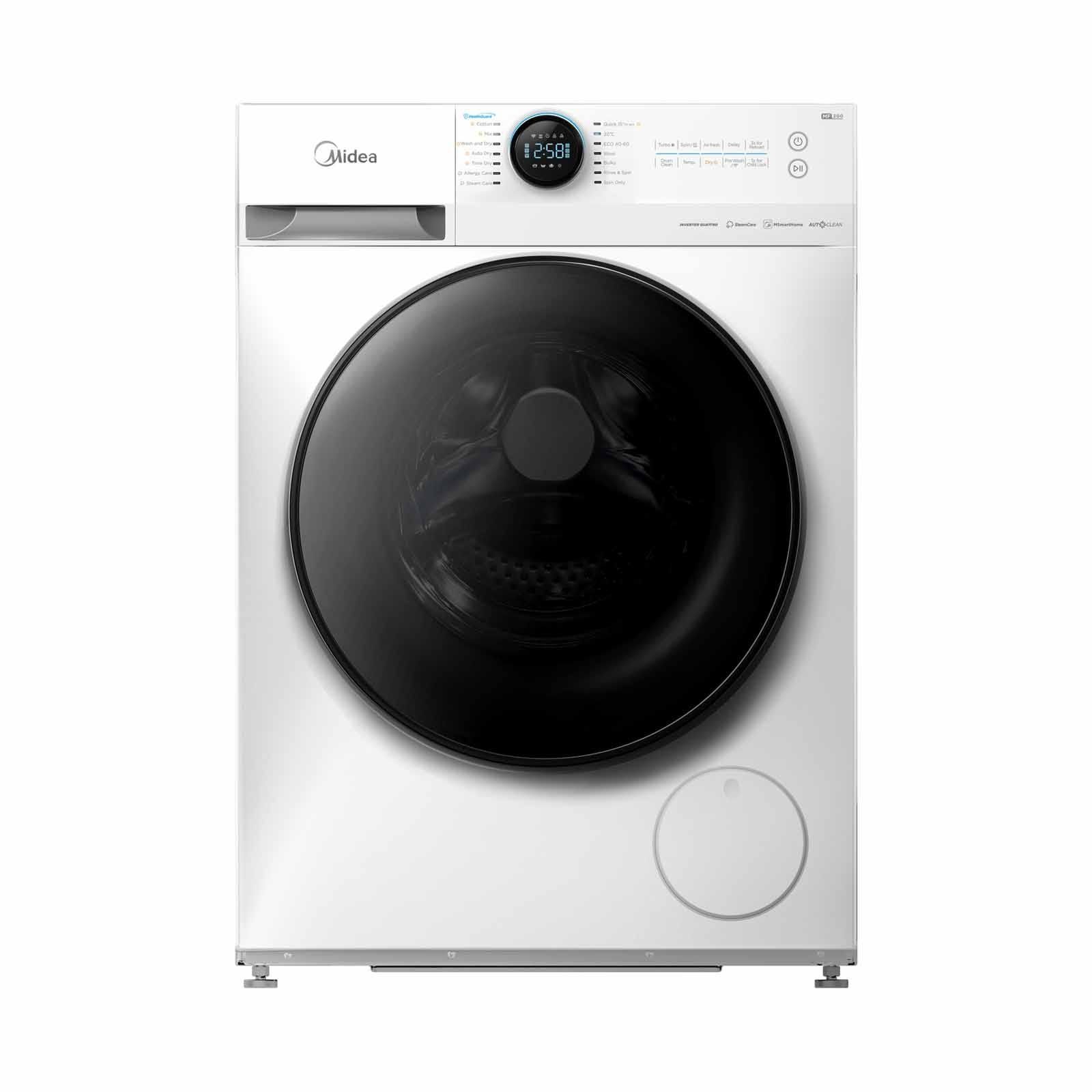 A white washing machine with a black door on a white background.