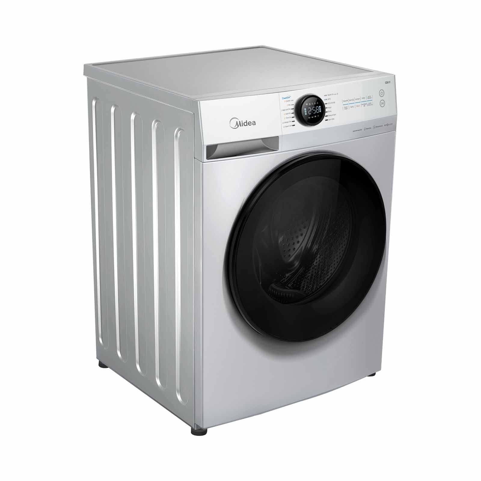 A white washing machine with a black door on a white background.