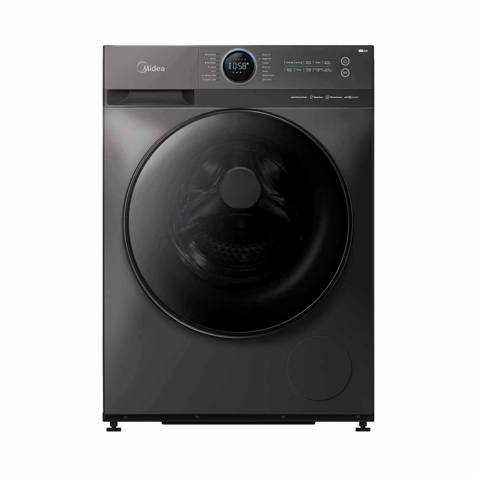 A black washing machine is sitting on a white surface.