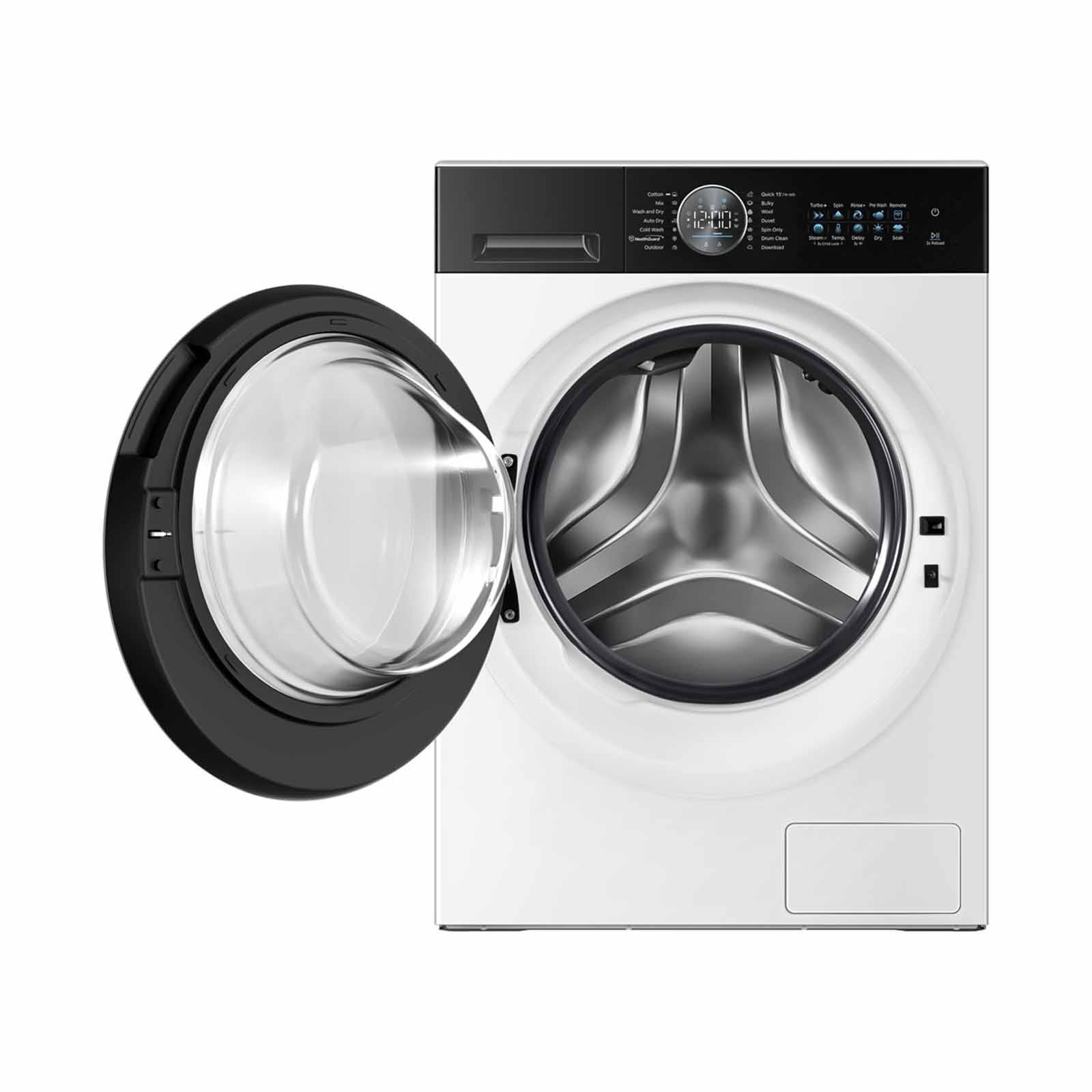 A white washing machine with a black door on a white background.