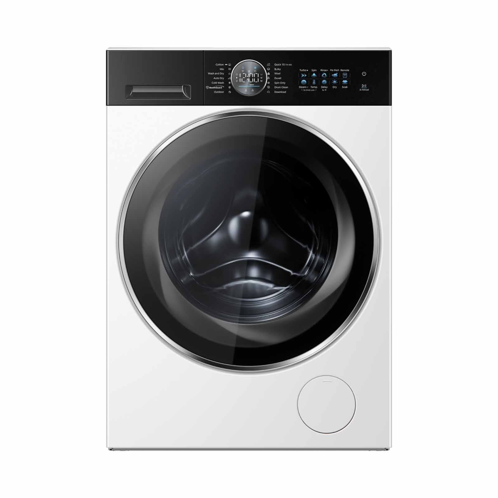 A white washing machine with a black door on a white background.