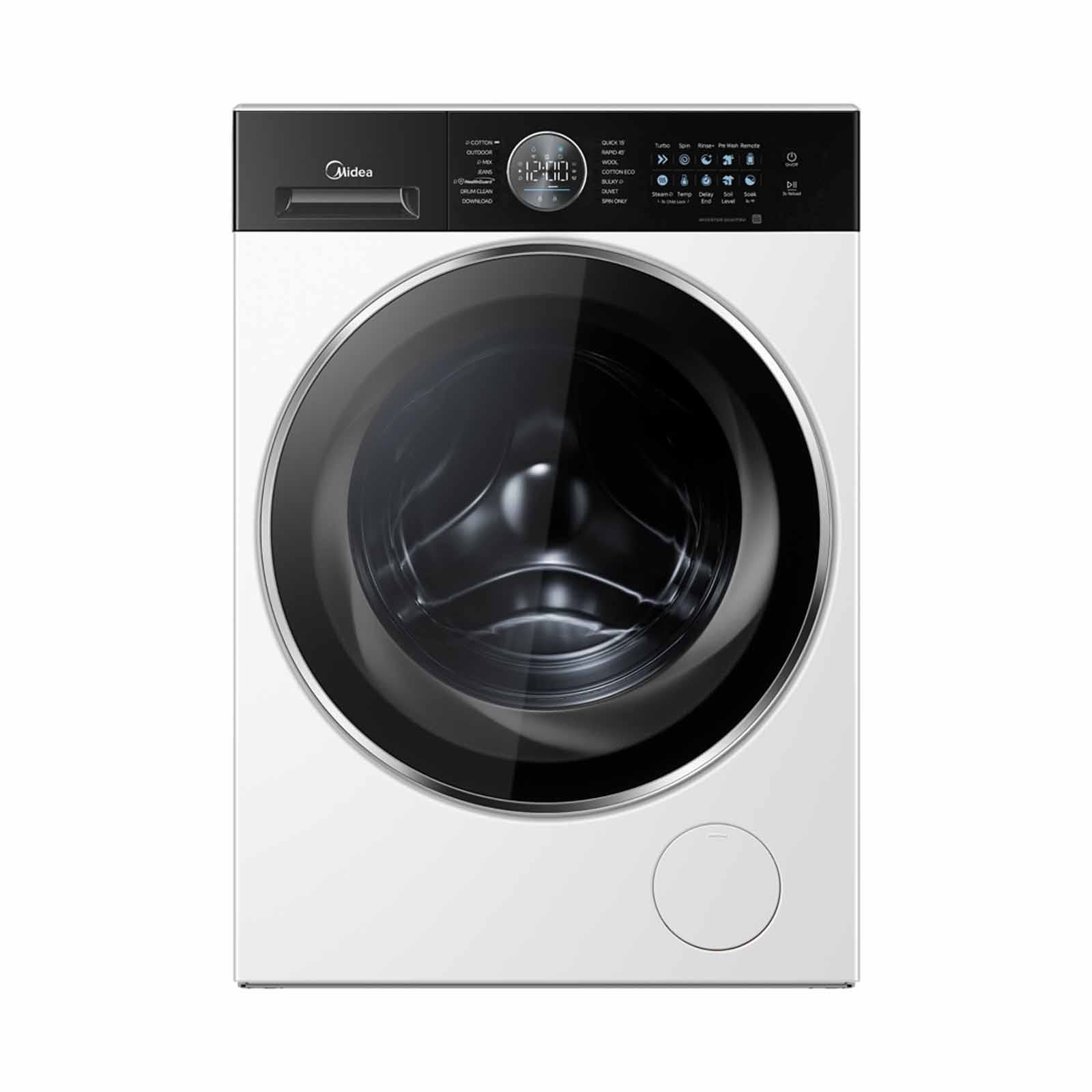 A white washing machine with a black door on a white background.