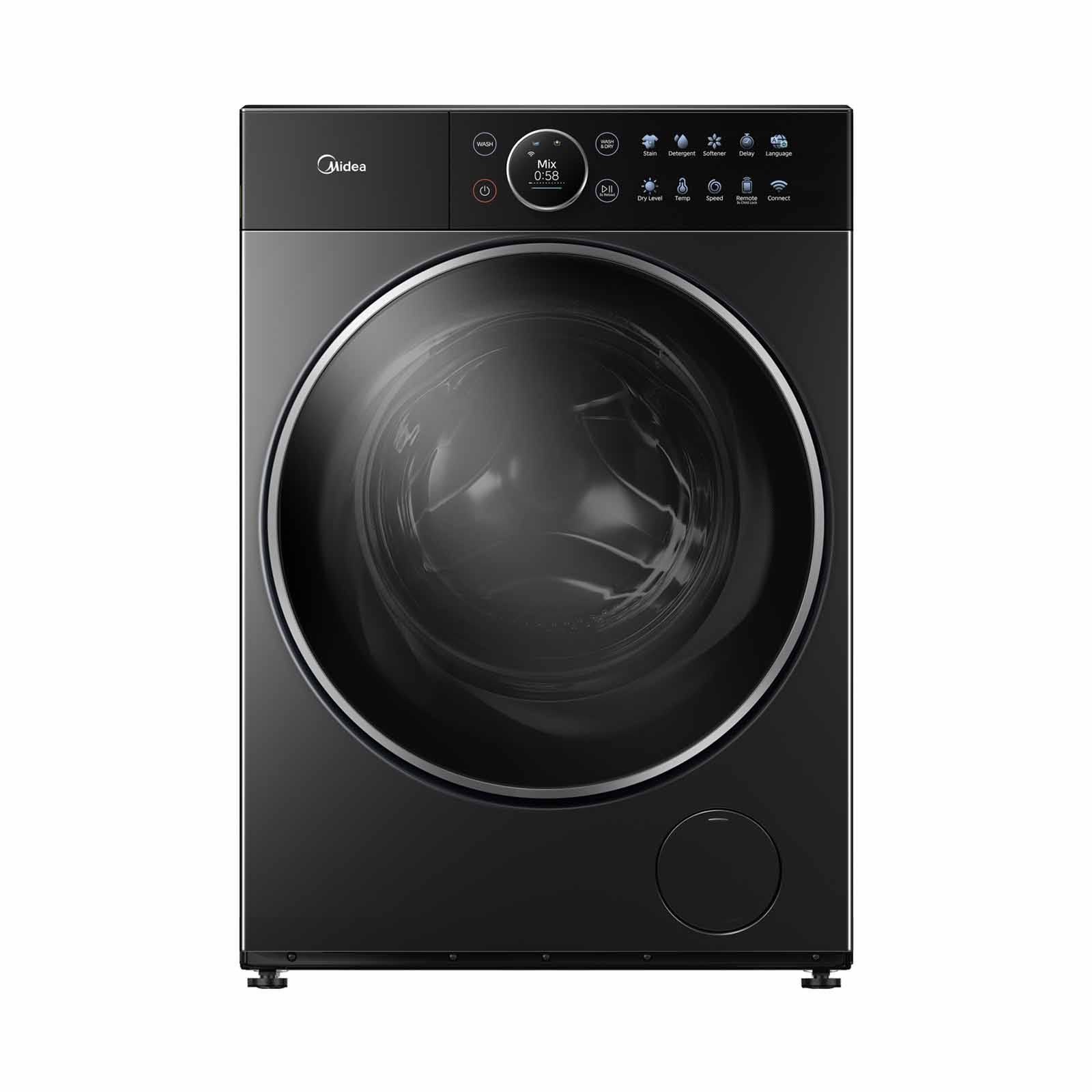 A black washing machine is sitting on a white surface.