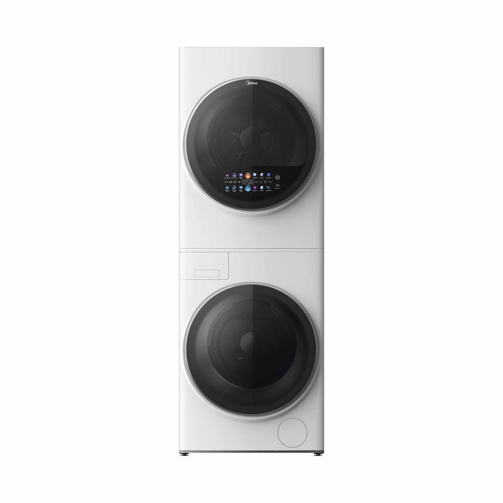A washer and dryer stacked on top of each other on a white background.