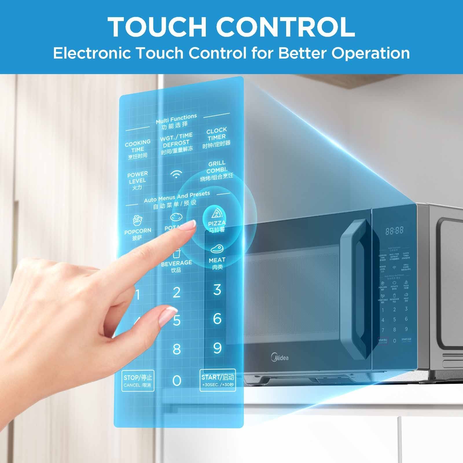 A black microwave oven is sitting on a white surface.