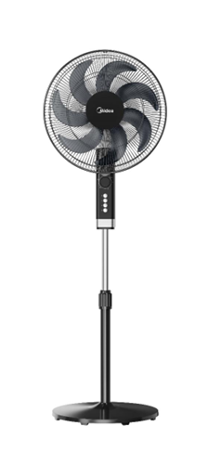 A black stand fan with a remote control on a white background.