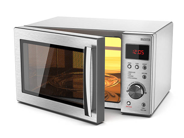 A stainless steel microwave oven with the door open on a white background.