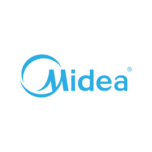The midea logo is blue and white on a white background.