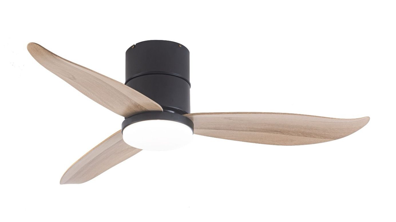 A ceiling fan with wooden blades and a light on a white background.