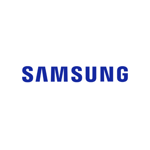 The samsung logo is blue and white on a white background.