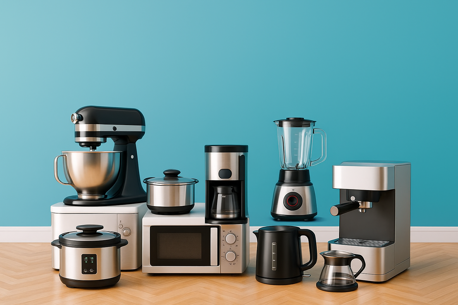 A table with a bunch of kitchen appliances on it