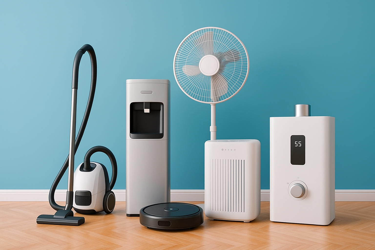 There are many different types of air conditioners and fans in this illustration.