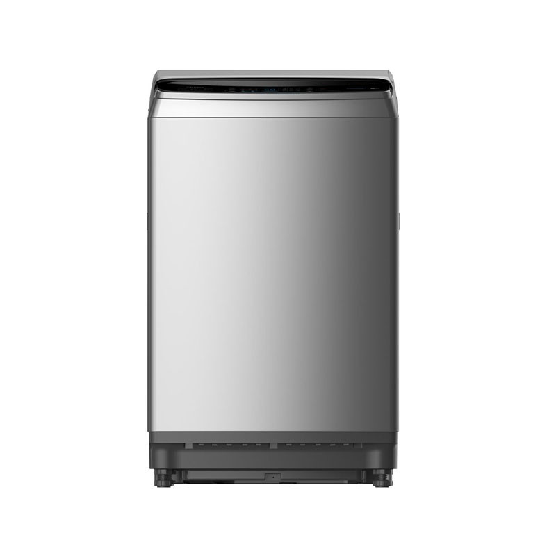 A stainless steel washing machine on a white background.