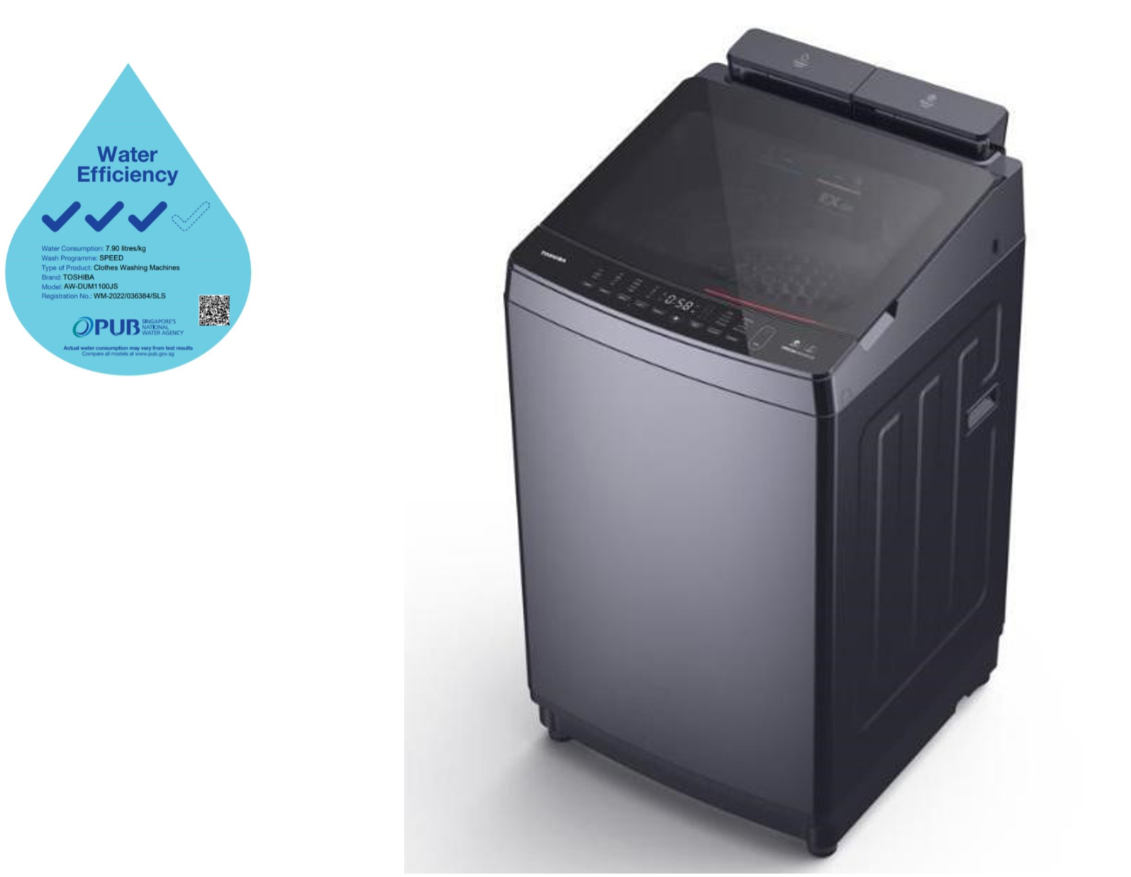 A black washing machine next to a water efficiency sticker