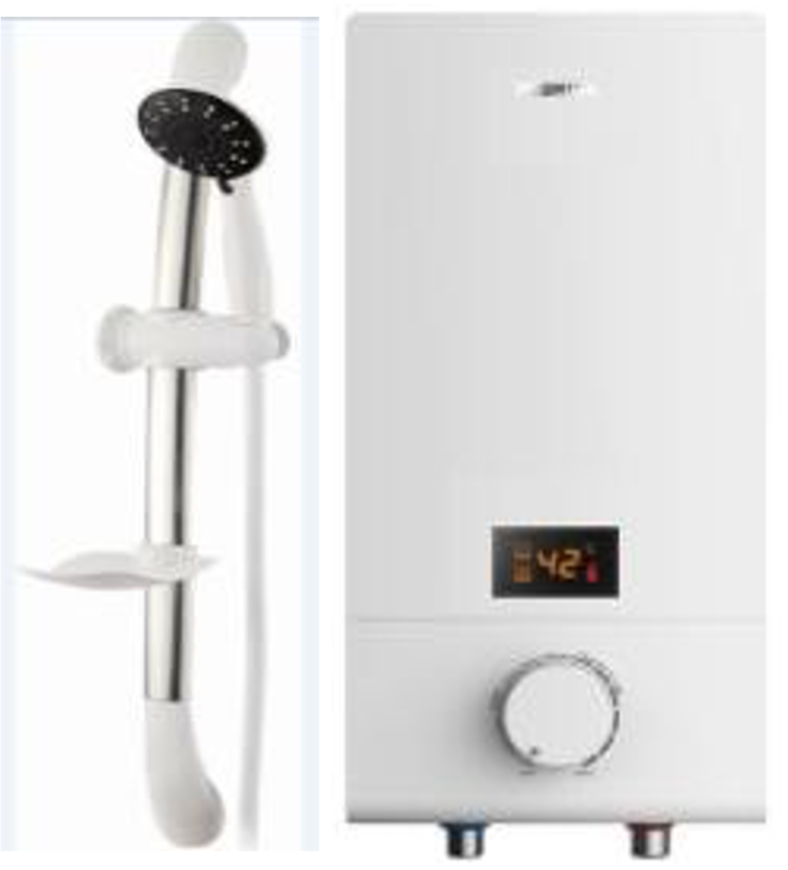 A picture of a shower head and a water heater.