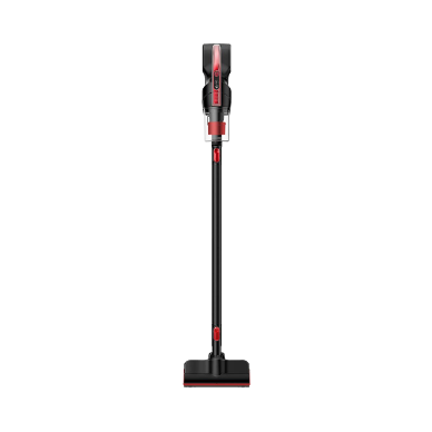 A black and red cordless vacuum cleaner on a white background.
