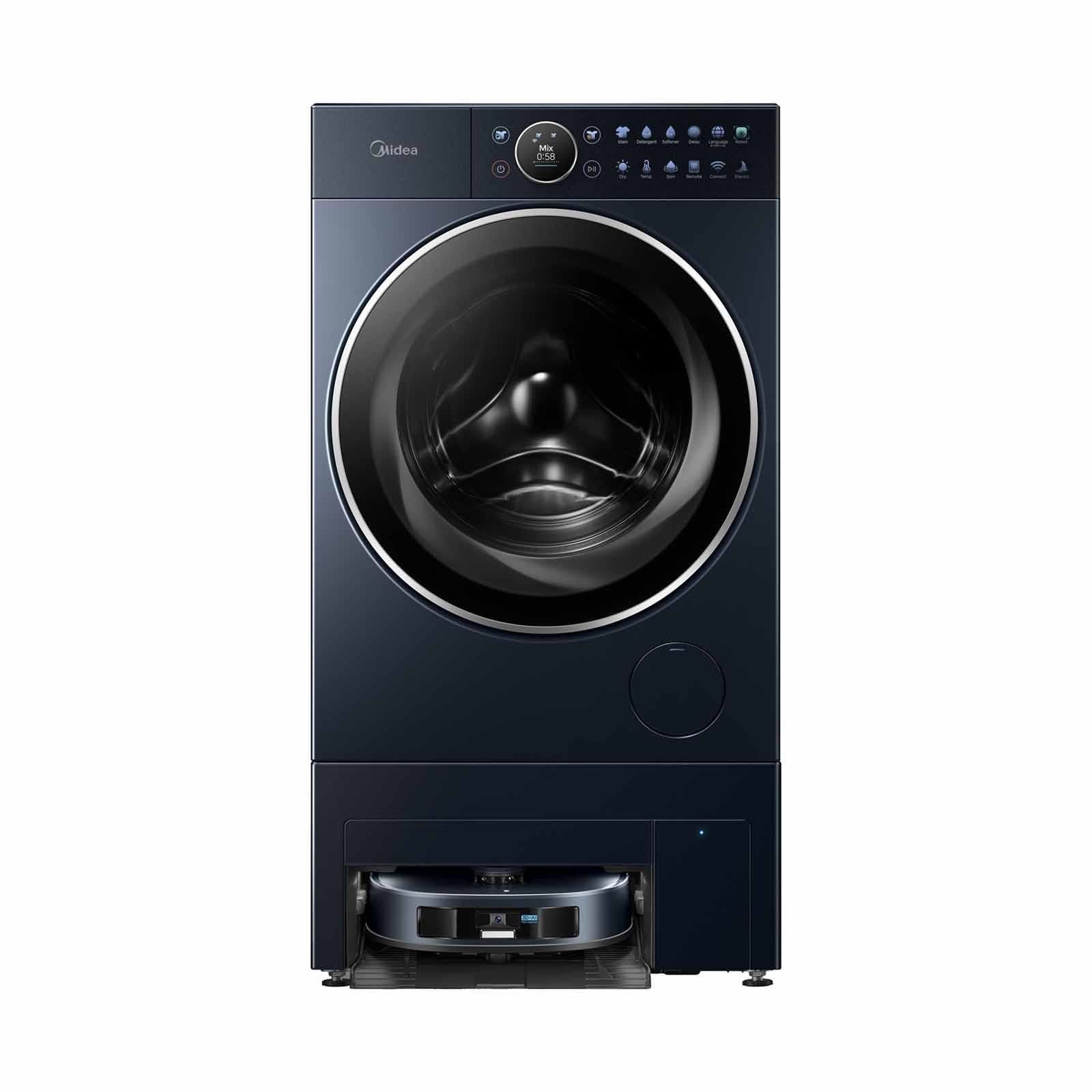 A washing machine with a robotic vacuum cleaner attached to it.