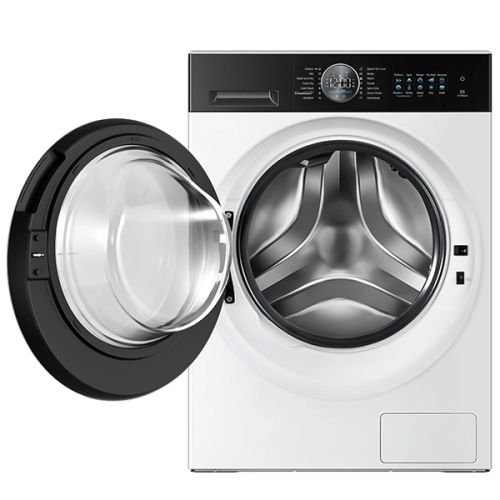 A white washing machine with the door open on a white background.