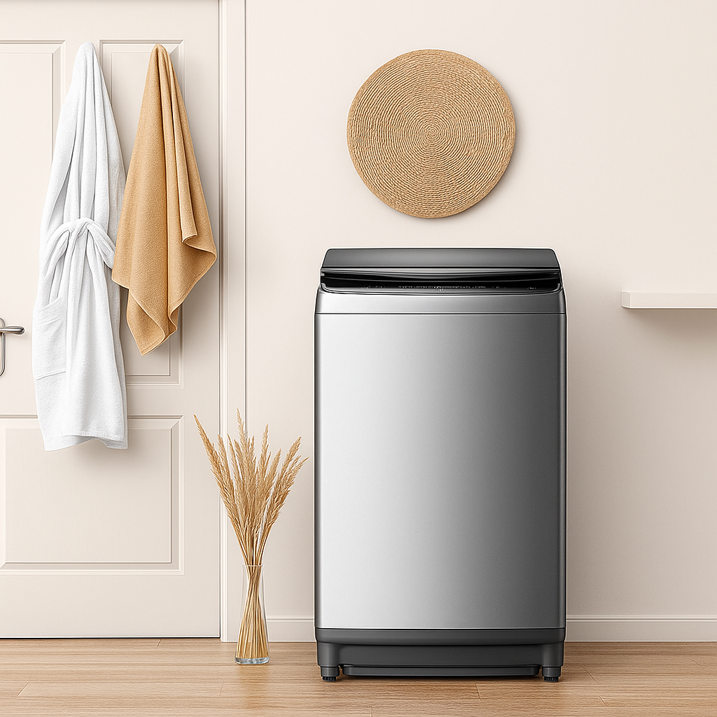 A washing machine with a basket of clothes and pillows on top of it.