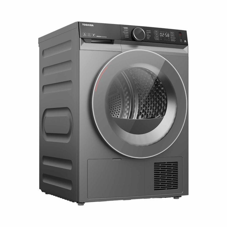 A black washing machine is sitting on a white surface.