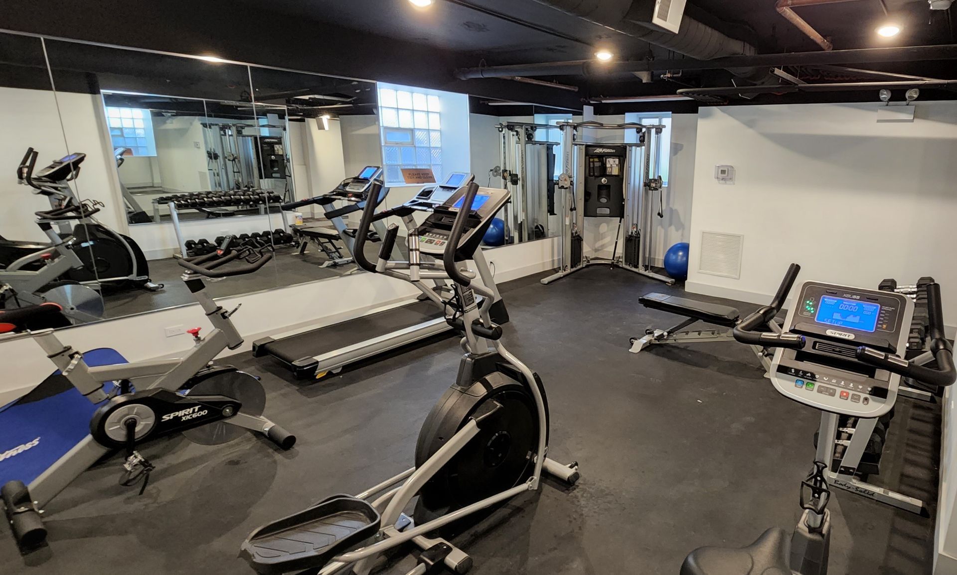 There are many different types of exercise equipment in this gym.