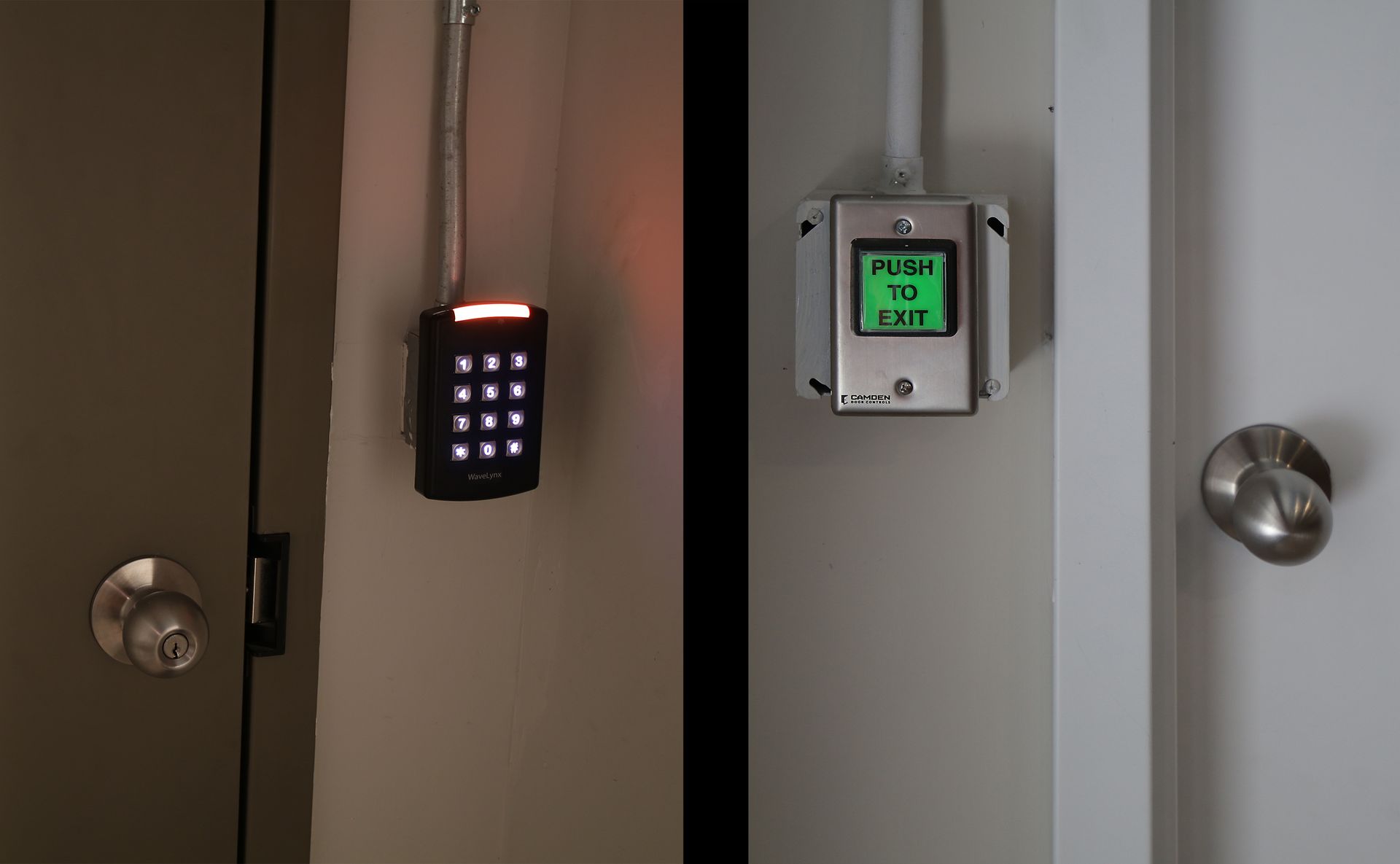 A door with a keypad and a button on the wall.