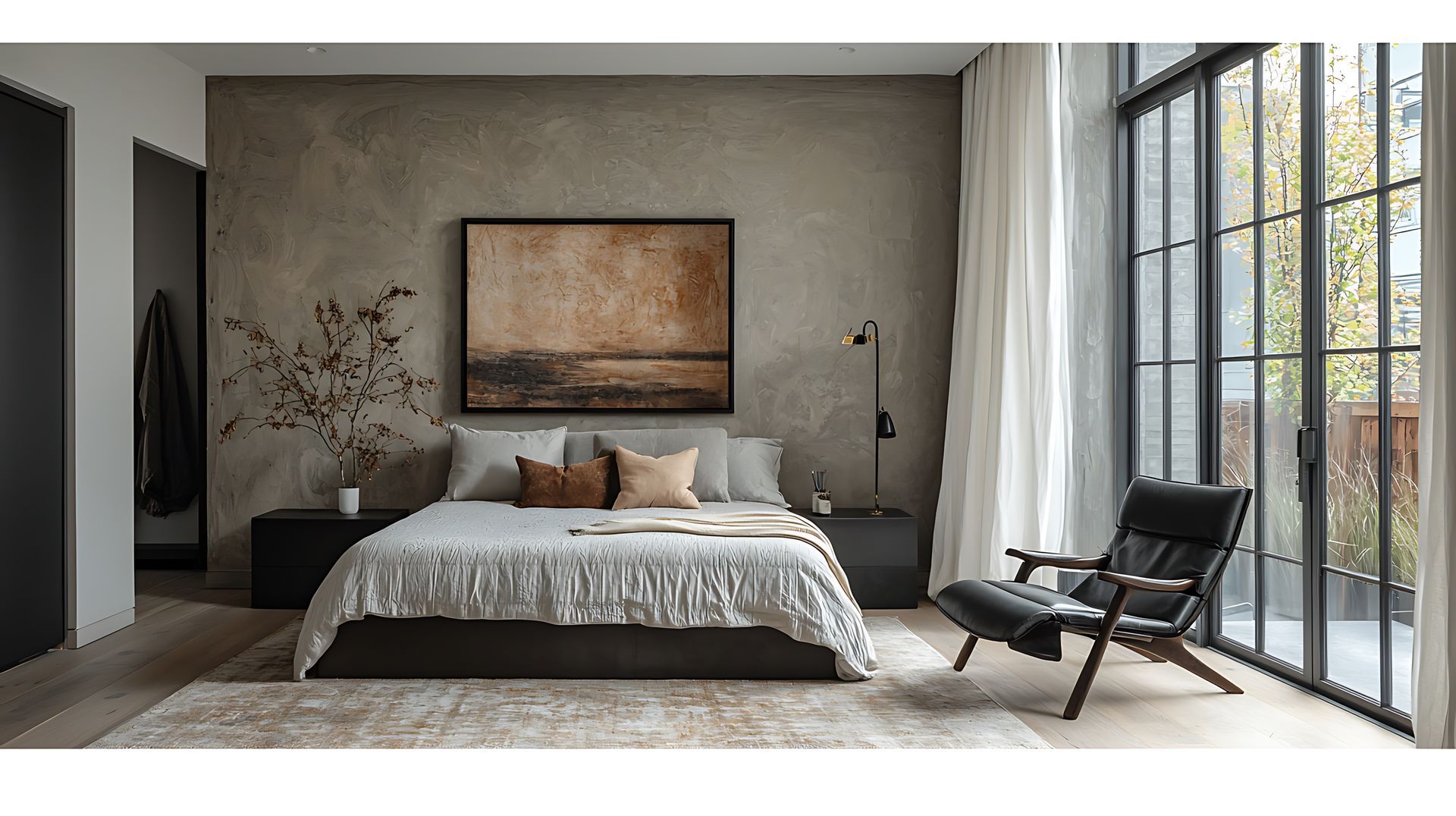 Kitchen with a concrete countertop island and wood cabinets, ingredients and utensils on the island.
